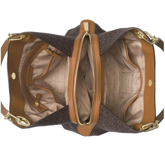 Michael Kors Fulton Large Signature Charm Hobo Shoulder Bag Tote Brown MK Logo - Picture 2 of 16